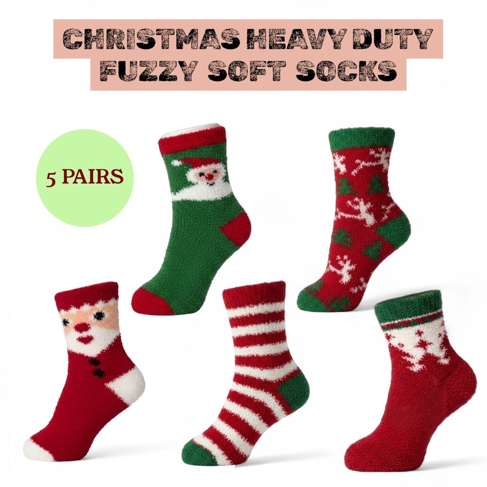 Christmas Heavy Fuzzy Soft Warm Novelty Socks 5pk Reindeer Santa Thermal NEW